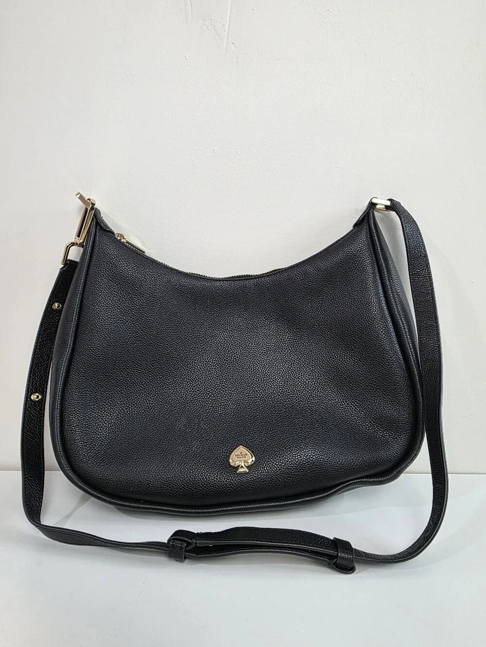 kate spade Kayla Black Pebbled Leather Shoulder Hobo with Gold Spade Accent